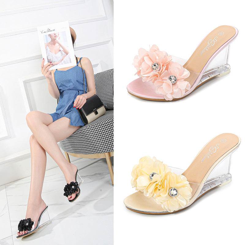 Versatile Summer Flower Simple Slope Heel Sandal Transparent Heel - Mubimart