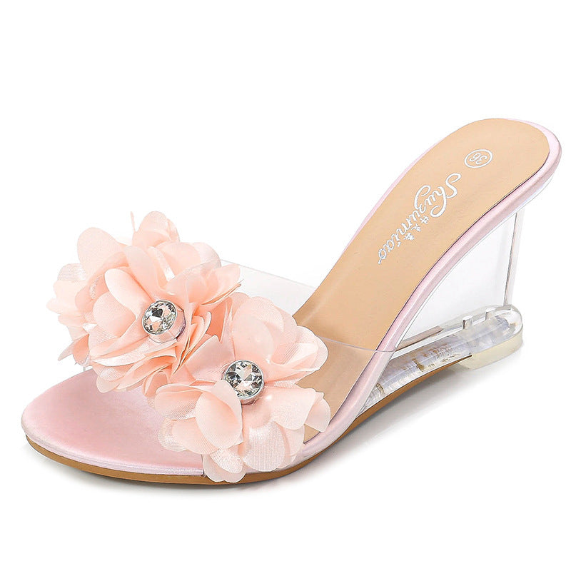 Versatile Summer Flower Simple Slope Heel Sandal Transparent Heel