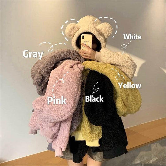 Lamb wool cute bear ear sweater - Mubimart