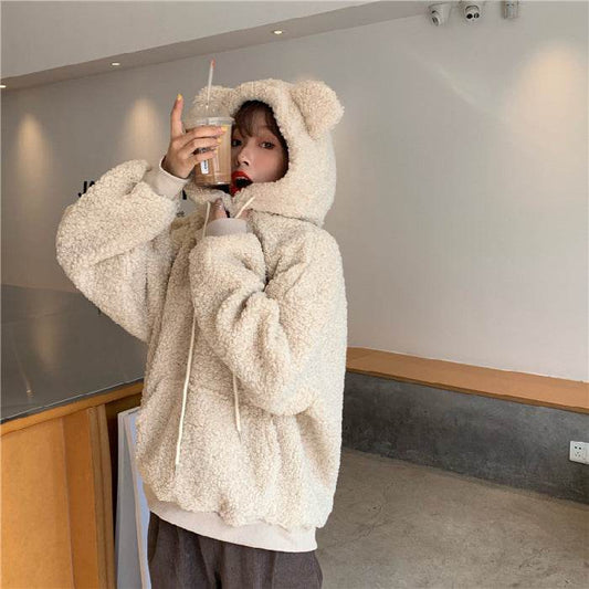 Lamb wool cute bear ear sweater - Mubimart