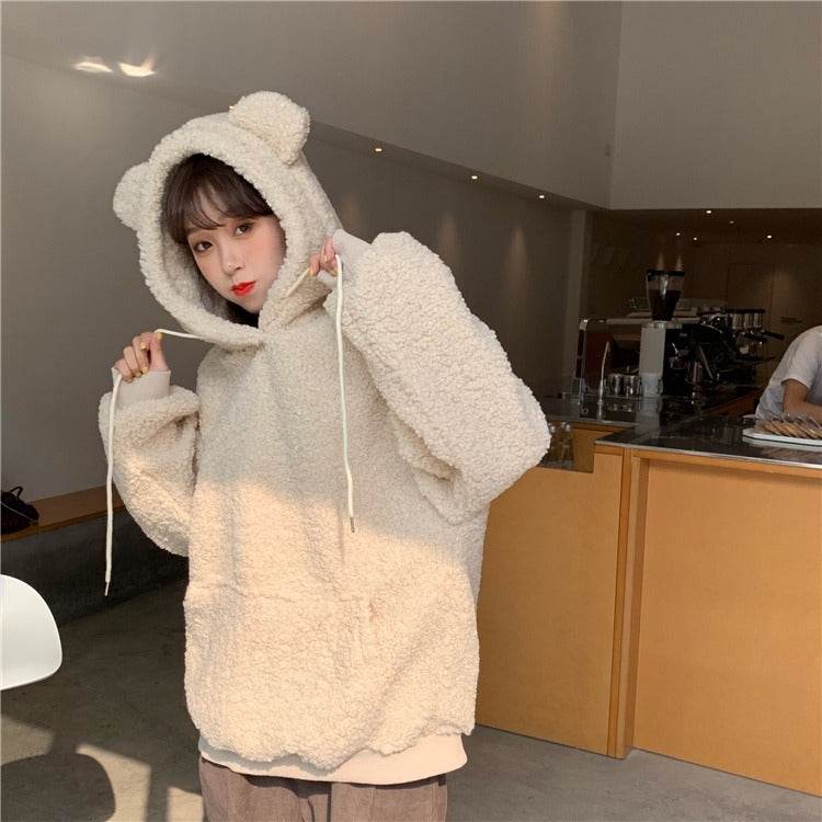 Lamb wool cute bear ear sweater - Mubimart