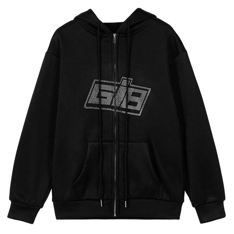 Hoodie Round Neck Loose Letter Rhinestone Zipper - Mubimart