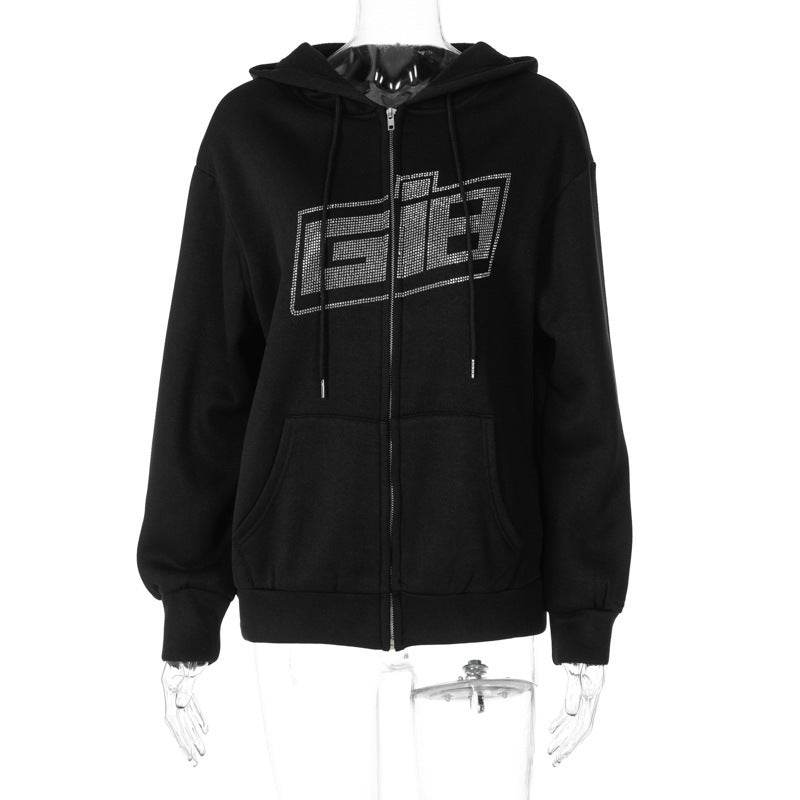 Hoodie Round Neck Loose Letter Rhinestone Zipper - Mubimart
