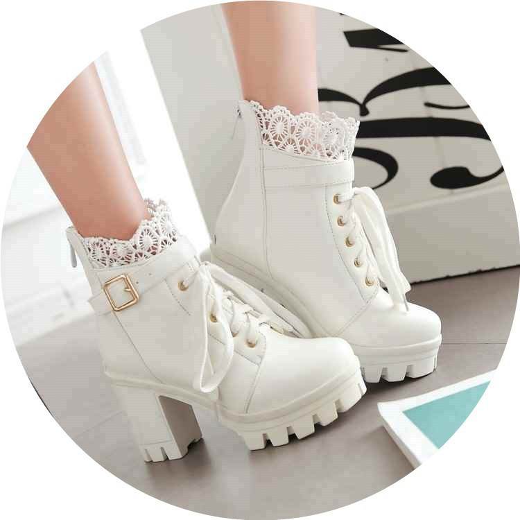 For Women, Lace-up Martens Boots With High Heels And Thick Heels - Mubimart