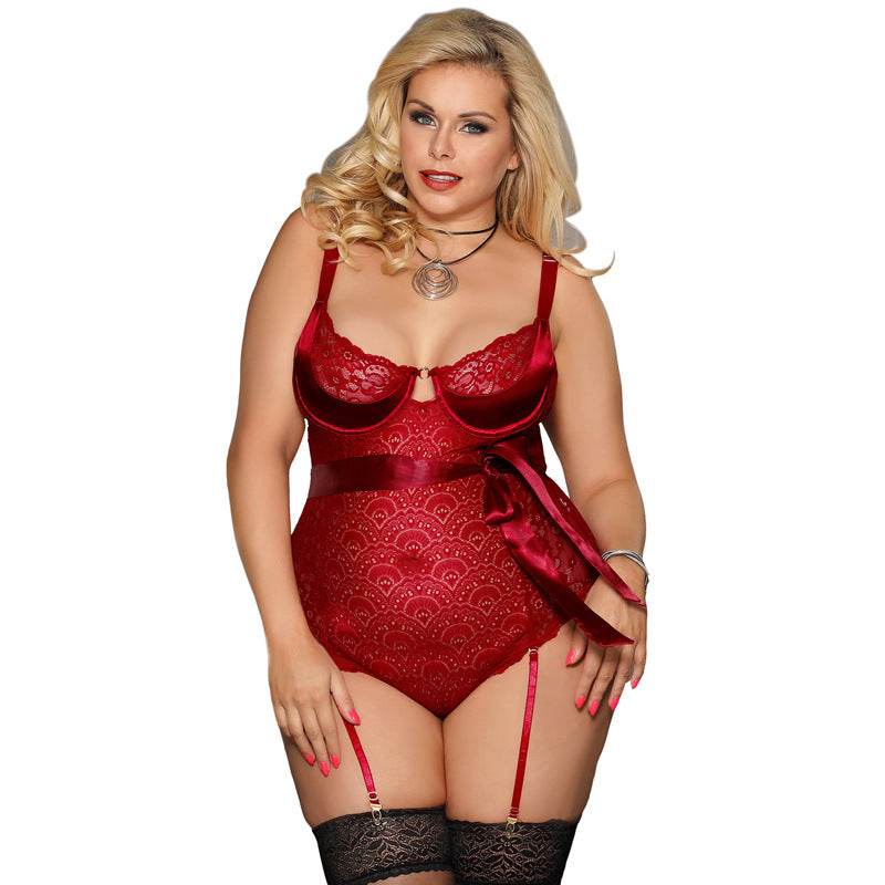 Large Size See-through Underwire One-piece Sexy Lace Lingerie - Mubimart