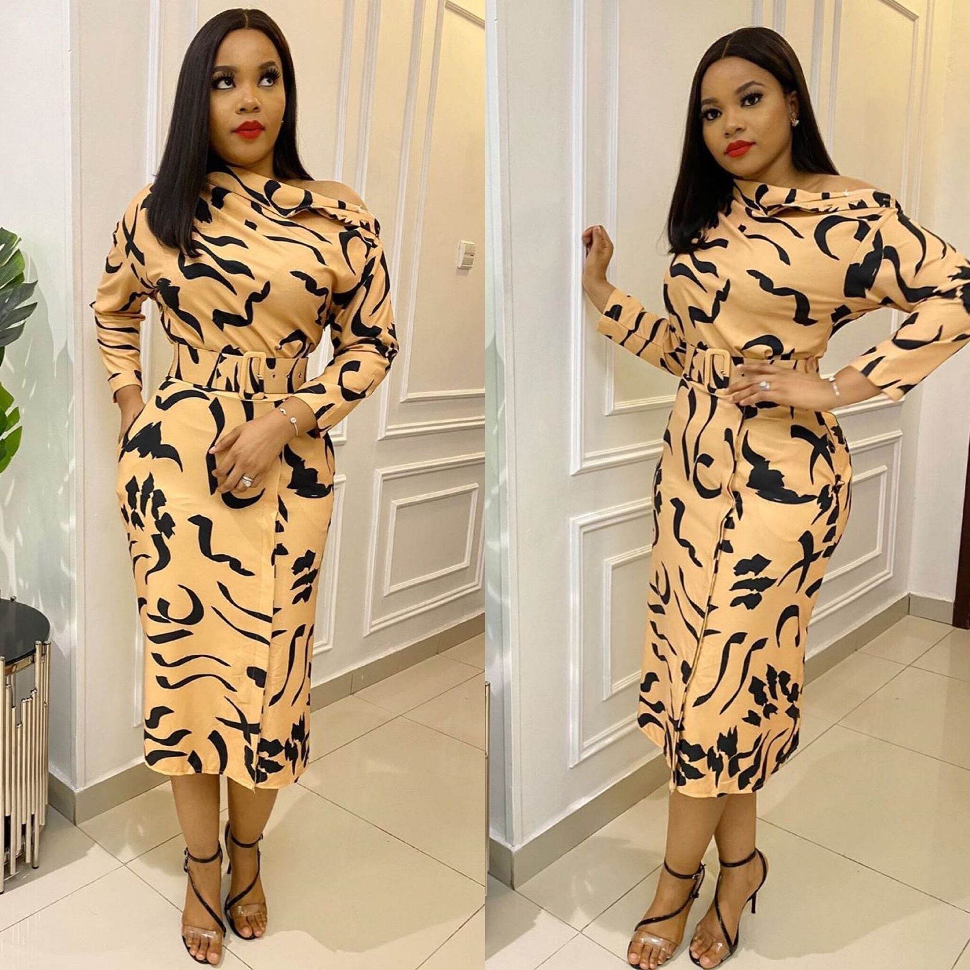 Sleeve Strapless Plus Size Dress For Women With Belt - Mubimart