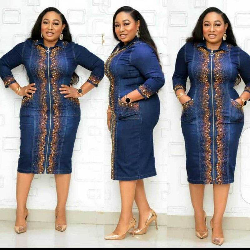 African Women's Plus Size Mother Dress Washed Denim Print African Dress - Mubimart
