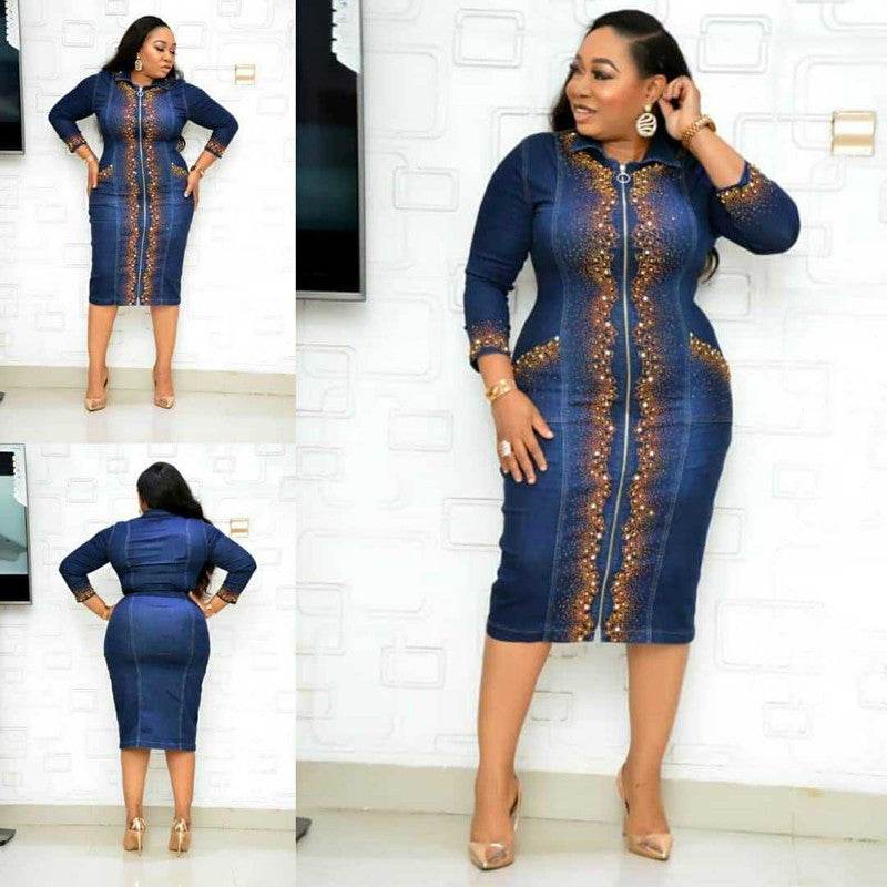 African Women's Plus Size Mother Dress Washed Denim Print African Dress - Mubimart