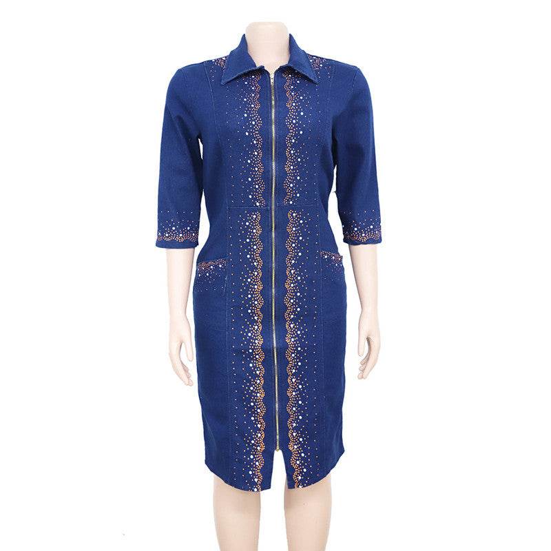 African Women's Plus Size Mother Dress Washed Denim Print African Dress - Mubimart