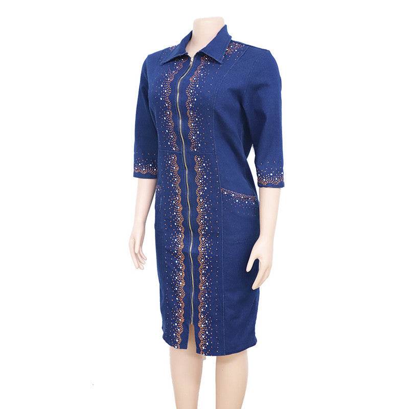 African Women's Plus Size Mother Dress Washed Denim Print African Dress - Mubimart