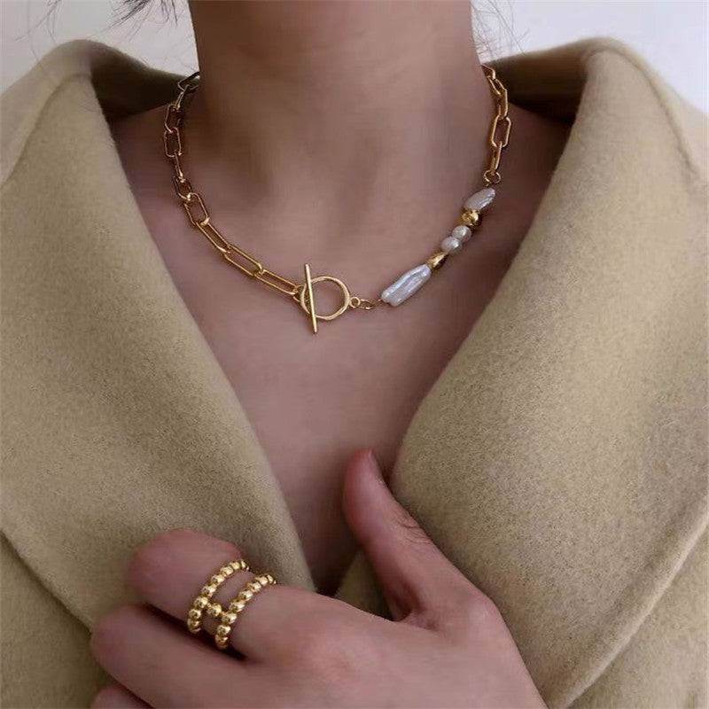 Metal Chain Clasp Pearl Necklace for Women - Mubimart