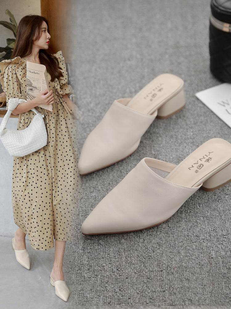 Sandals With Soft Leather Half-support Single Shoes Pointed Toe Mules - Mubimart