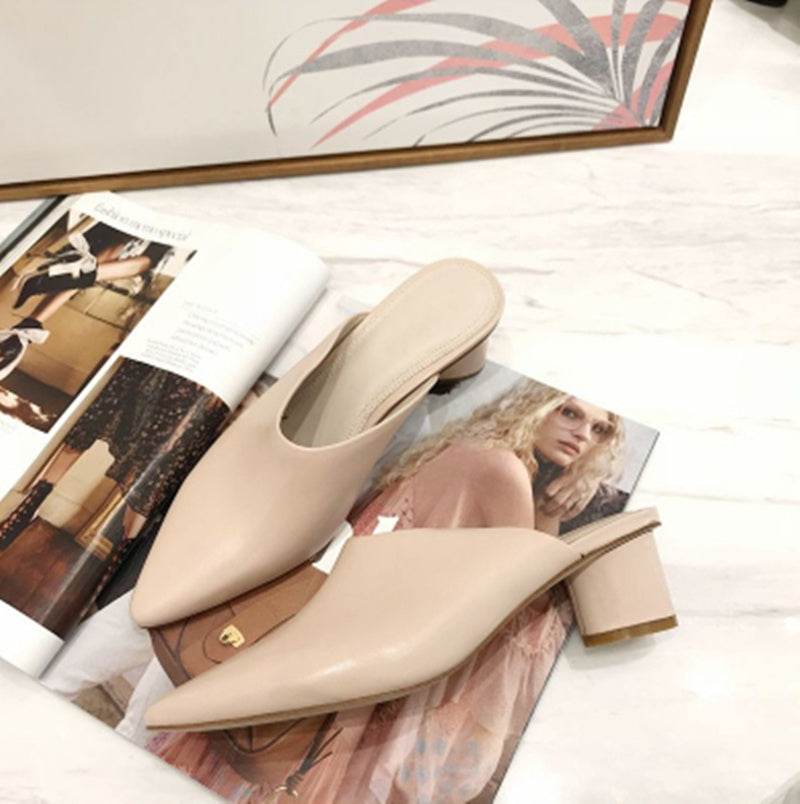 Leather Half Slippers Mules Versatile Thick Heel High Heel Slippers - Mubimart