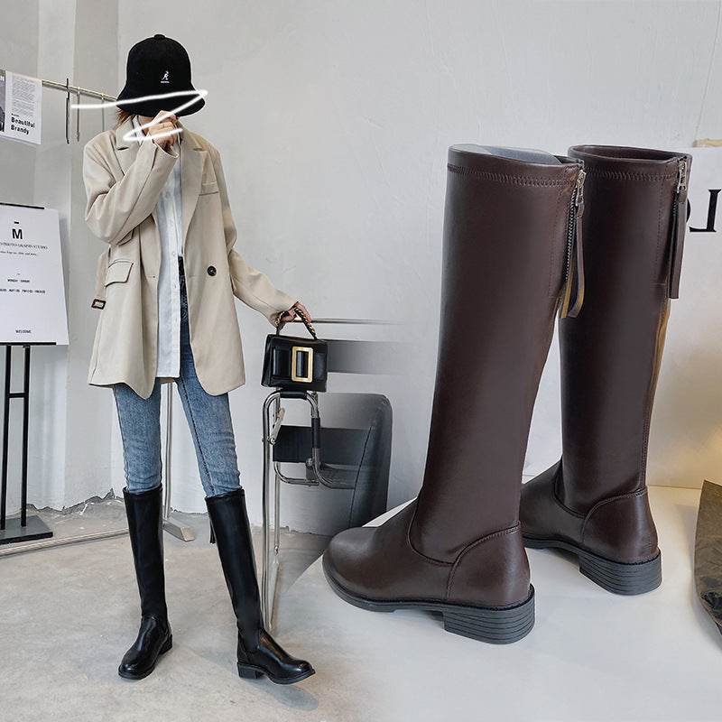 Square Heel Round Toe Back Zipper Rider Boots - Mubimart