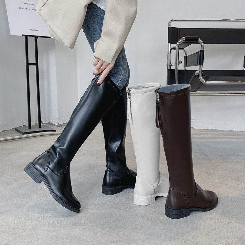 Square Heel Round Toe Back Zipper Rider Boots - Mubimart