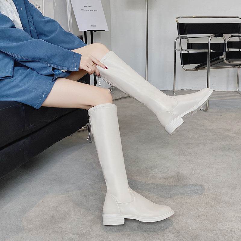 Square Heel Round Toe Back Zipper Rider Boots - Mubimart