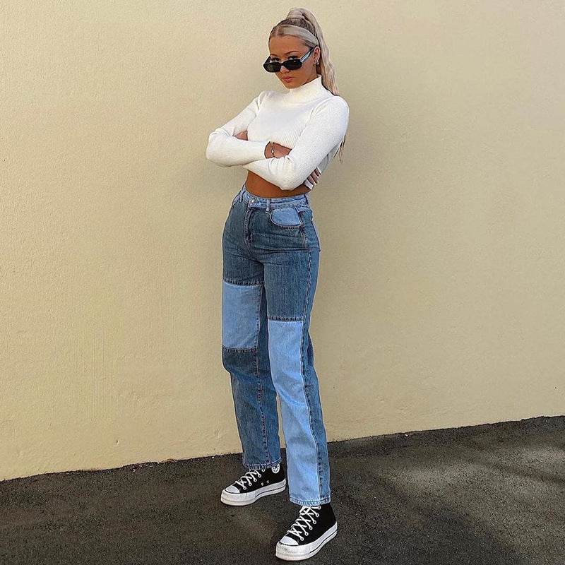 Contrasting Stitching High-rise Straight-leg Jeans Women - Mubimart