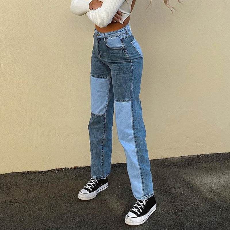 Contrasting Stitching High-rise Straight-leg Jeans Women - Mubimart