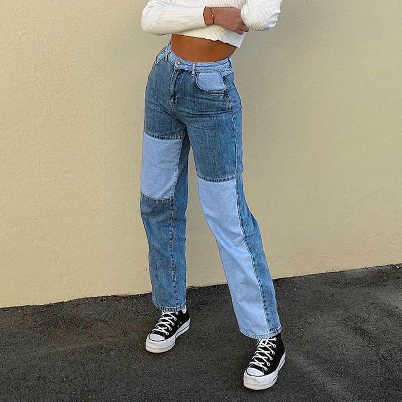 Contrasting Stitching High-rise Straight-leg Jeans Women - Mubimart
