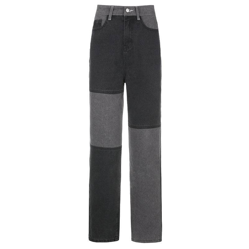 Contrasting Stitching High-rise Straight-leg Jeans Women - Mubimart
