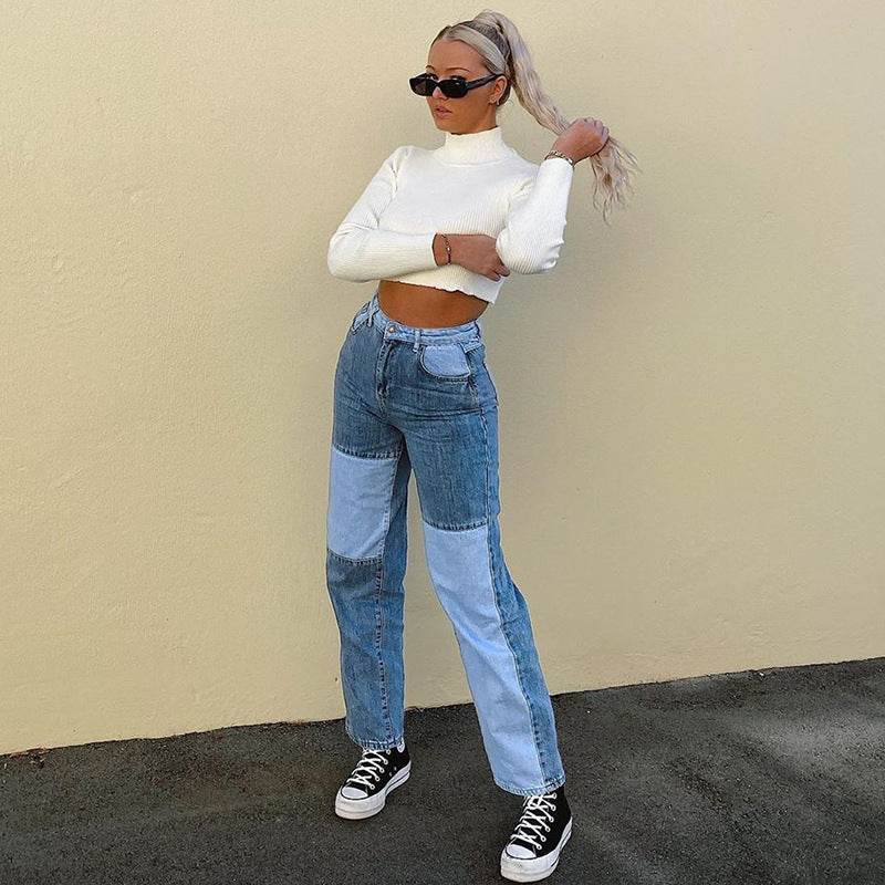 Contrasting Stitching High-rise Straight-leg Jeans Women - Mubimart