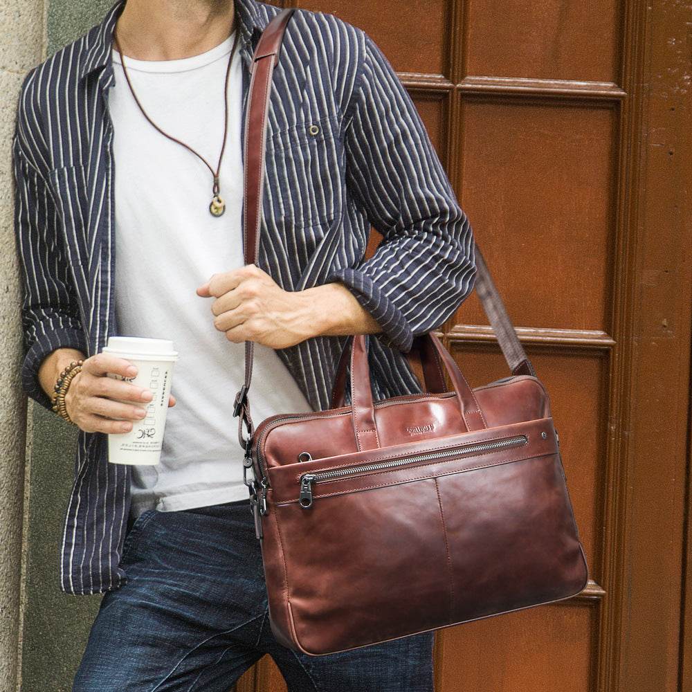 Leather Men's Handbag Multifunctional Briefcase - Mubimart