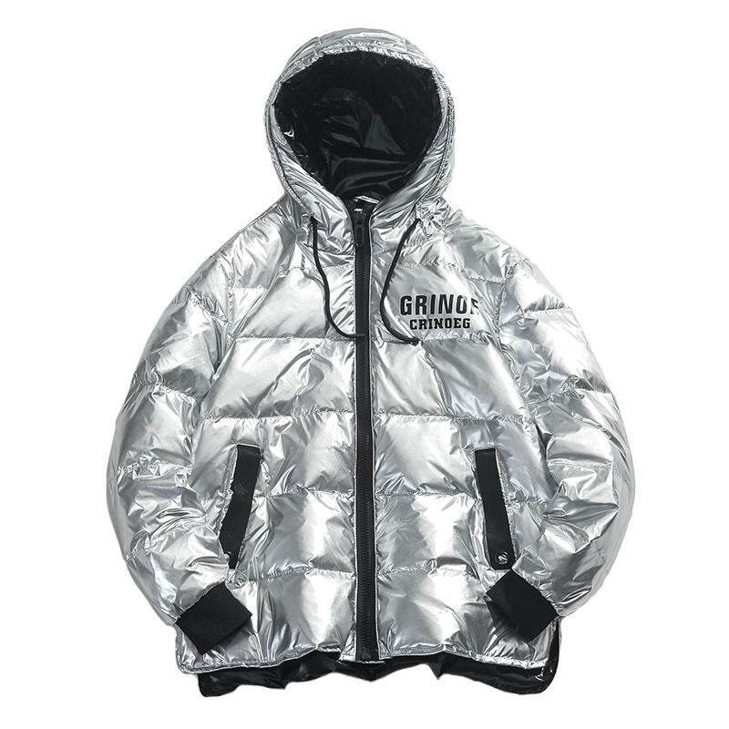 Puffy Silver Shiny Mens Bubble Jacket - Grinoe - Mubimart