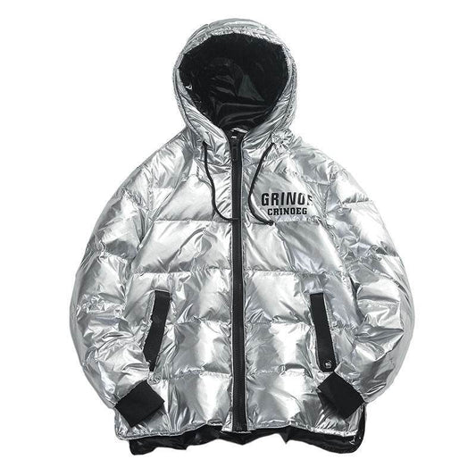Puffy Silver Shiny Mens Bubble Jacket - Grinoe - Mubimart