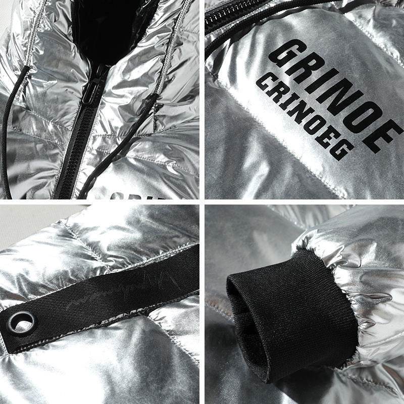Puffy Silver Shiny Mens Bubble Jacket - Grinoe - Mubimart