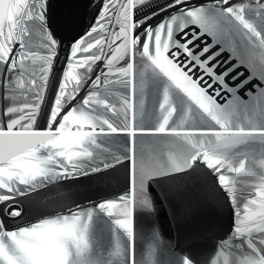 Puffy Silver Shiny Mens Bubble Jacket - Grinoe - Mubimart