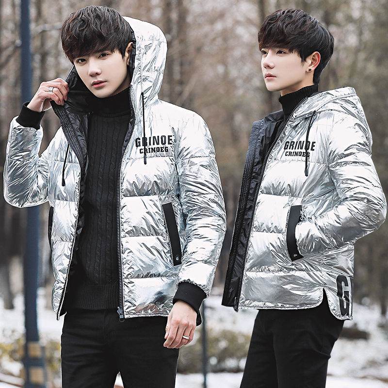Puffy Silver Shiny Mens Bubble Jacket - Grinoe - Mubimart