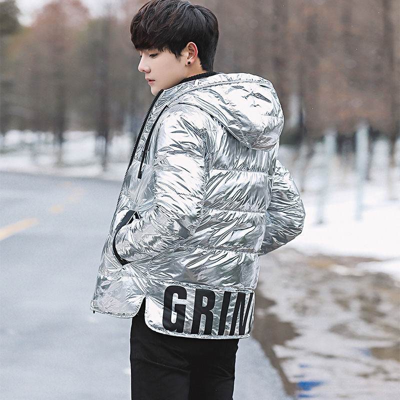 Puffy Silver Shiny Mens Bubble Jacket - Grinoe - Mubimart