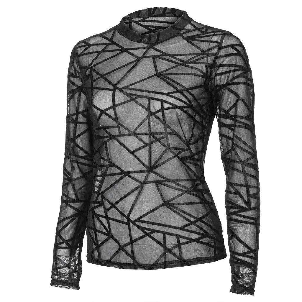 Sexy Women Blouses Transparent Mesh Long Sleeve Tops Tee - Mubimart