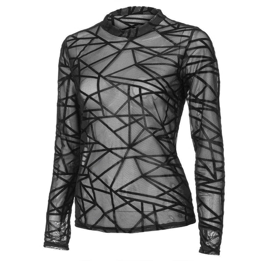 Sexy Women Blouses Transparent Mesh Long Sleeve Tops Tee - Mubimart