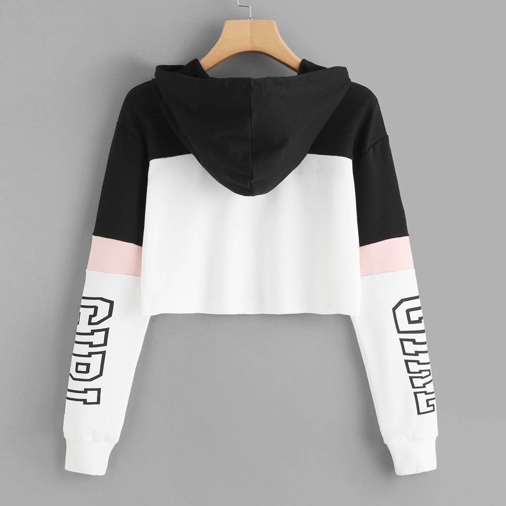 Crop Top Hoodie Sweatshirt Hoodies Women Patchwork Lett - Mubimart
