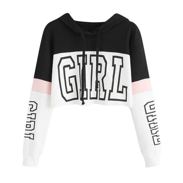 Crop Top Hoodie Sweatshirt Hoodies Women Patchwork Lett - Mubimart