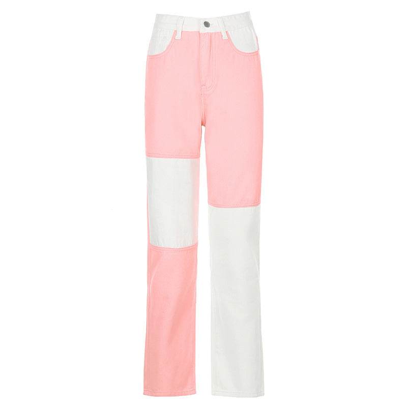Contrasting Stitching High-rise Straight-leg Jeans Women - Mubimart