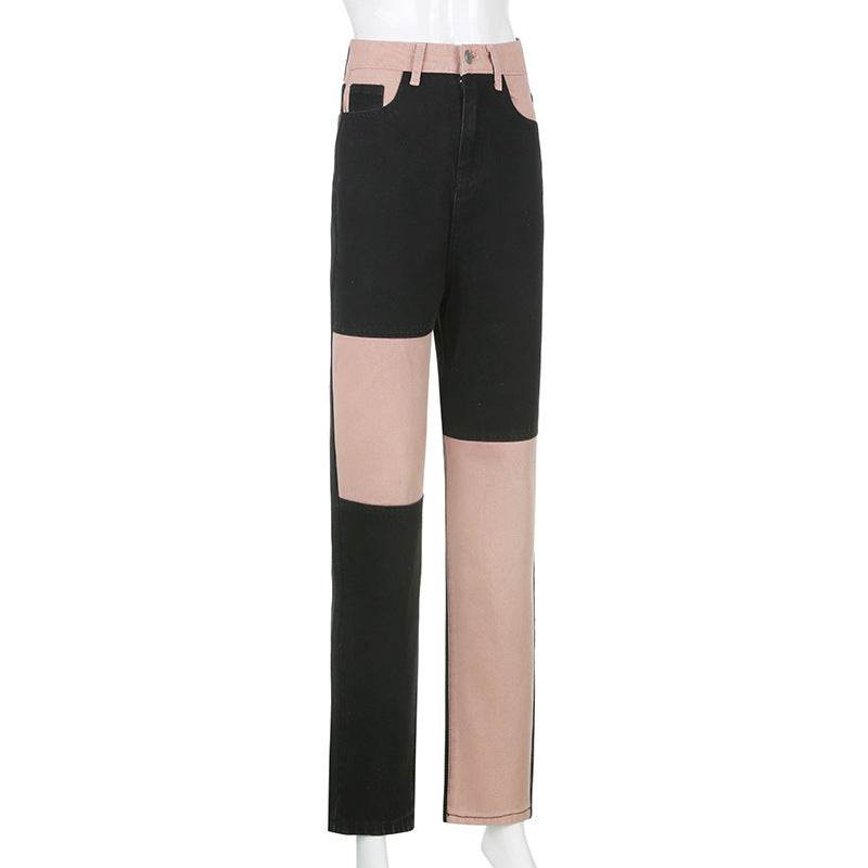 Contrasting Stitching High-rise Straight-leg Jeans Women - Mubimart