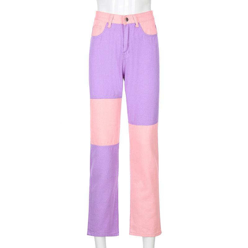 Contrasting Stitching High-rise Straight-leg Jeans Women - Mubimart