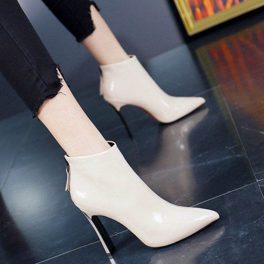 Short Boots Women's High-heeled Stilettos British Style Pointed Toe Thick-heeled High Heels - Mubimart