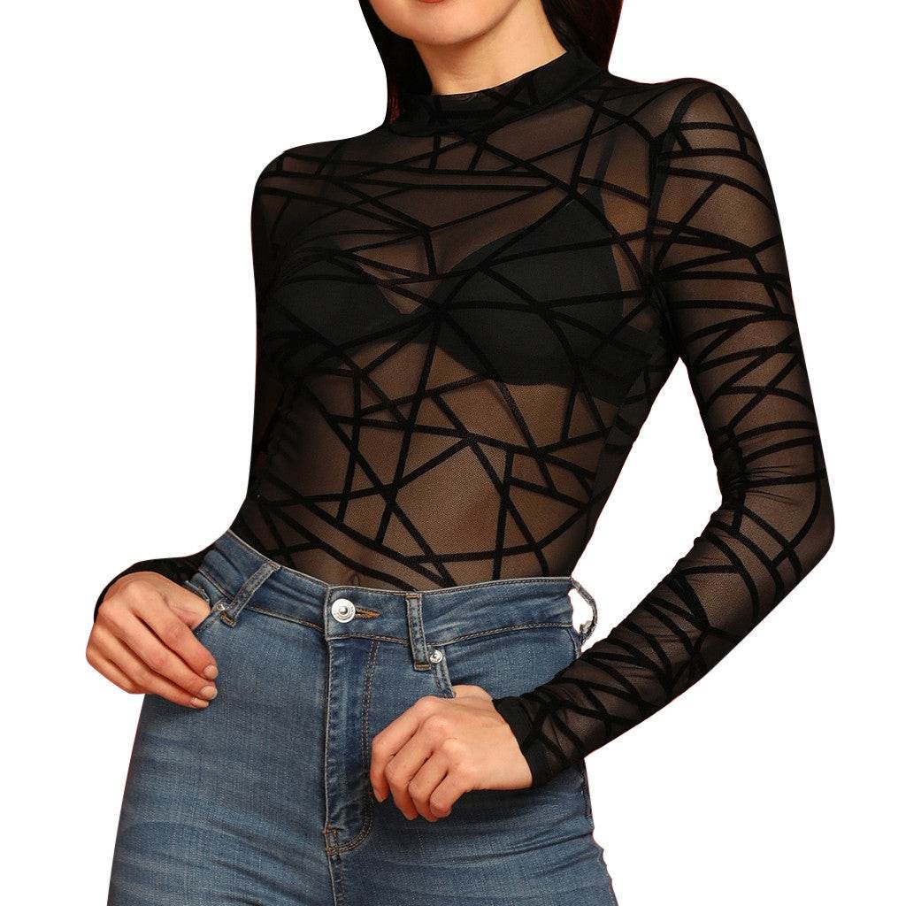 Sexy Women Blouses Transparent Mesh Long Sleeve Tops Tee - Mubimart