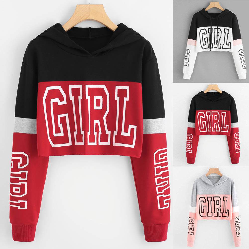 Crop Top Hoodie Sweatshirt Hoodies Women Patchwork Lett - Mubimart
