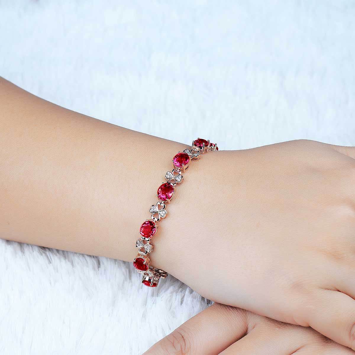 Rose Gold Imitation Natural Rubellite Gemstone Four-Leaf Clover Bracelet - Mubimart