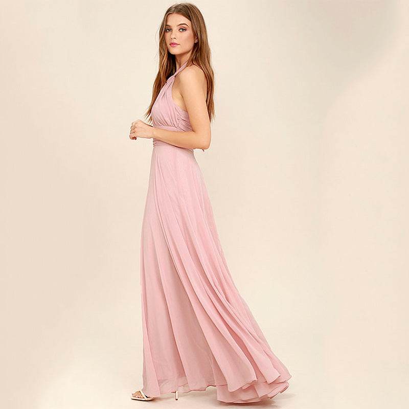 Long Formal Pink Halter Party Prom Bridesmaid Maxi Dress - Mubimart