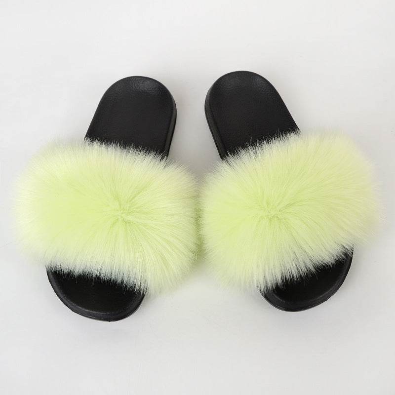 Faux Fox Fur Slippers Women Non Slip Plush Slippers - Mubimart