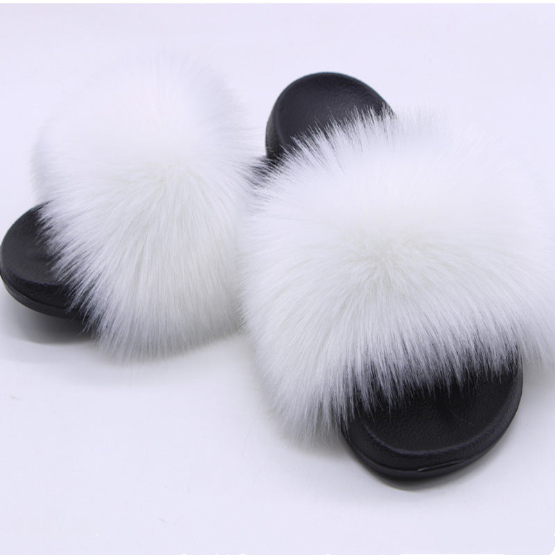 Faux Fox Fur Slippers Women Non Slip Plush Slippers - Mubimart - Womens Slipper 