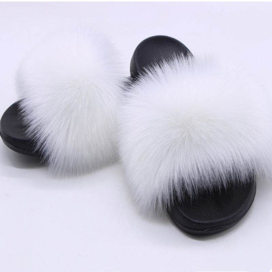 Faux Fox Fur Slippers Women Non Slip Plush Slippers - Mubimart