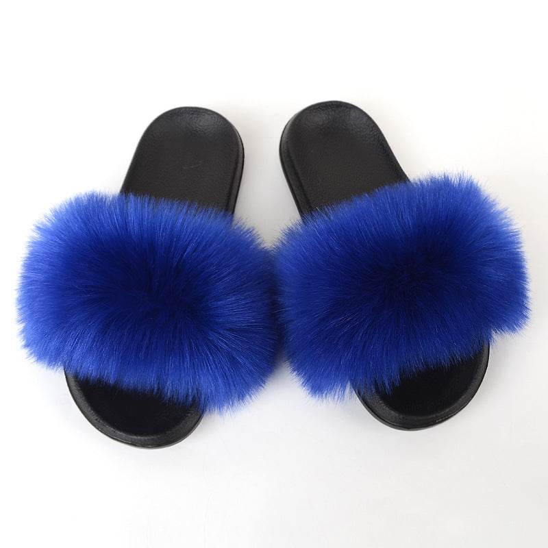 Faux Fox Fur Slippers Women Non Slip Plush Slippers - Mubimart