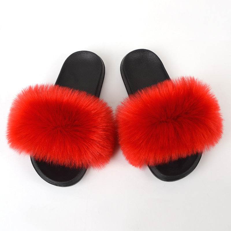 Faux Fox Fur Slippers Women Non Slip Plush Slippers - Mubimart