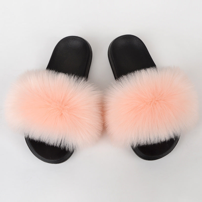 Faux Fox Fur Slippers Women Non Slip Plush Slippers - Mubimart -  